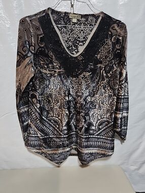 ONE WORLD Black and Cream Paisley V-Neck Velvet Blouse